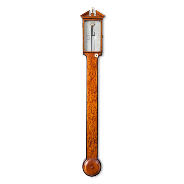 Een Engelse satijnhouten stickbarometer, James Long Royal Exchange, circa 1780