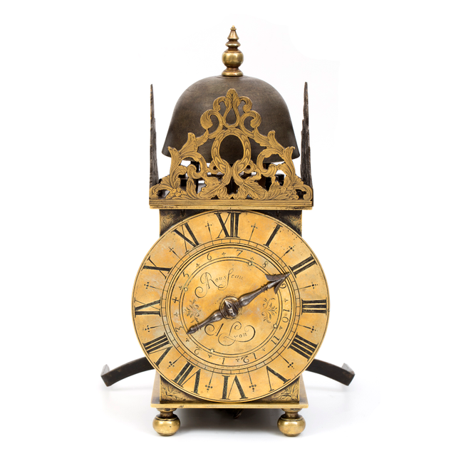 A rare early French brass lantern alarm timepiece,Rousseau A Lyon, circa 1665