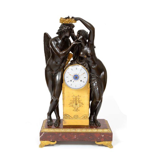 Een belangrijke Franse Empire sculpturale pendule ‘Amor en Psyche’, Claude Michallon, circa 1800