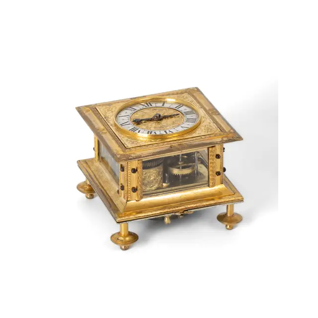 A fine South German engraved gilt horizontal table clock by Johann Sommer Augsburg, circa 1650.