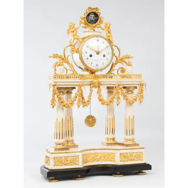 A monumental French Louis XVI marble and ormolu portico mantel clock, Bianchi & Cie A Paris, circa 1770.