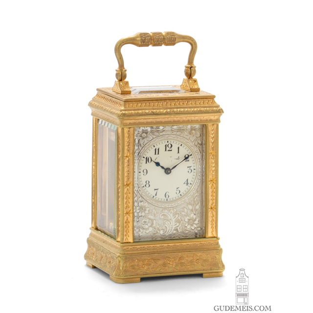 Ein französisches vergoldetes und graviertes Messing-Miniatur-Reiseuhr, ca. 1890.