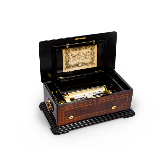 Une belle boîte à musique cylindrique incrustée de marqueterie suisse, PVF, vers 1870.