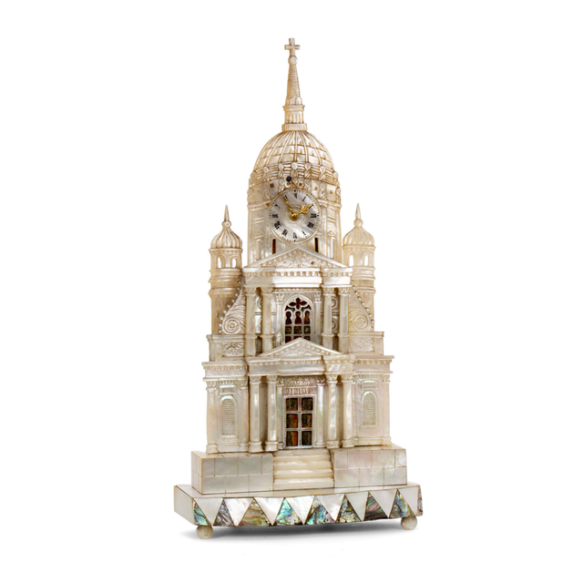 An attractive Austrian architectural mother-of-pearl zappler mantel clock, circa 1840.