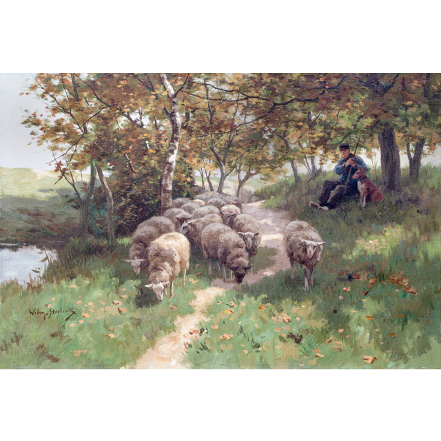 Herder met hond en kudde schapen