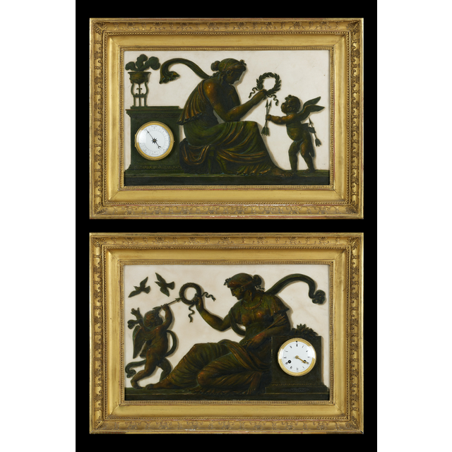 Pair of Empire Trompe l’Oeil paintings with a clock and barometer, Piat Joseph Sauvage