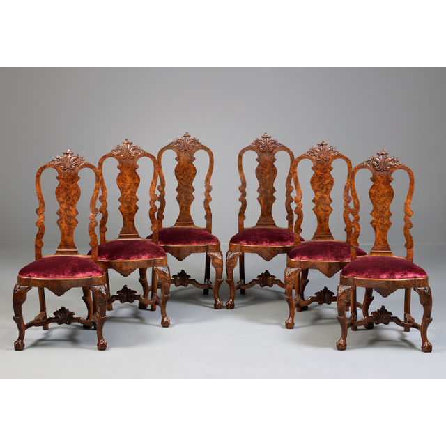 Six Dutch Louis XV Carved Walnut Chairs