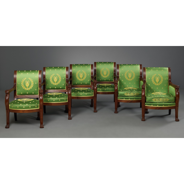 French Empire Suite of four Fauteuils and two Bergères, attributed to F.H.G. Jacob-Desmalter
