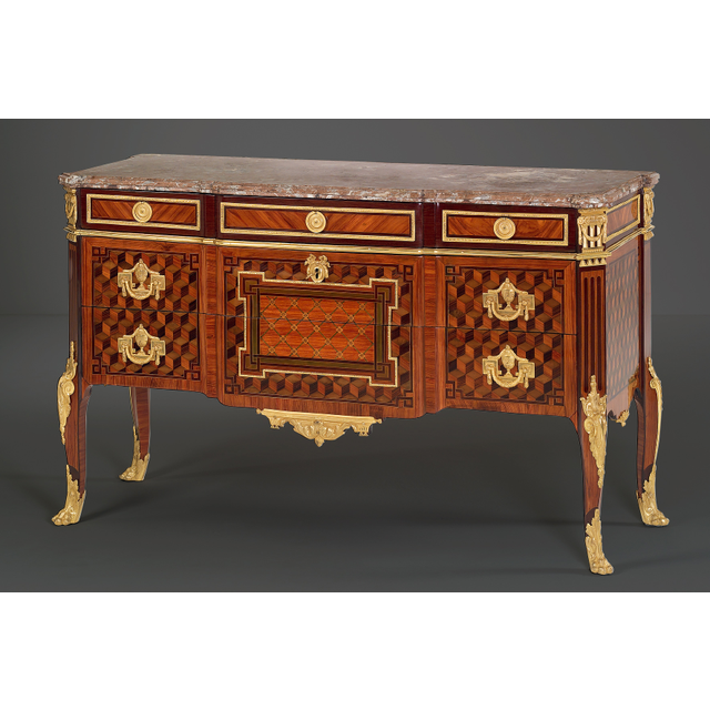Royal French Louis XVI Parquetry Commode, stamped: Mewesen