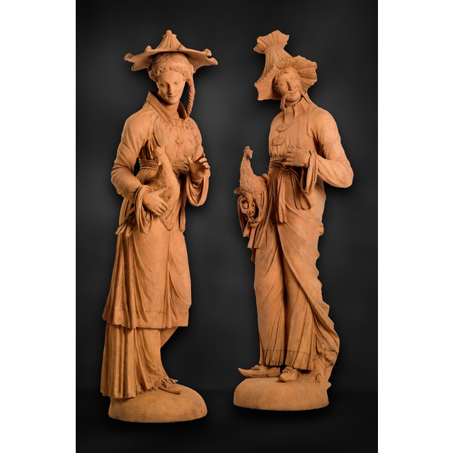 Pair of German Chinoiserie Terracotta Sculptures Representing Two Malabars