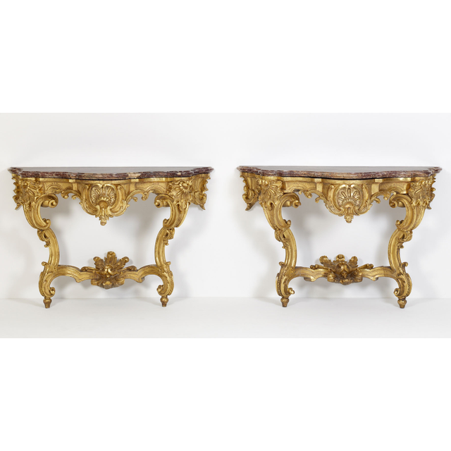 Pair of German Louis XV Giltwood Console Tables