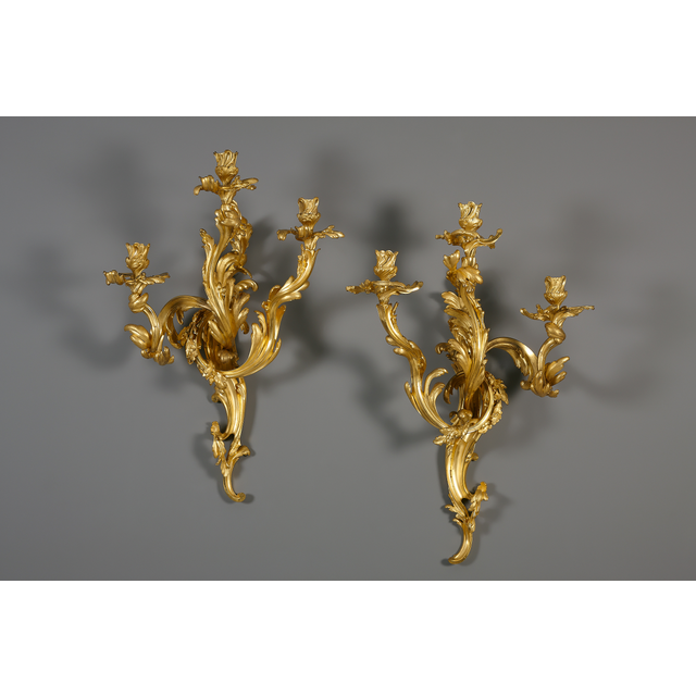 Paar grote drie-armige Franse Louis XV-stijl appliques
