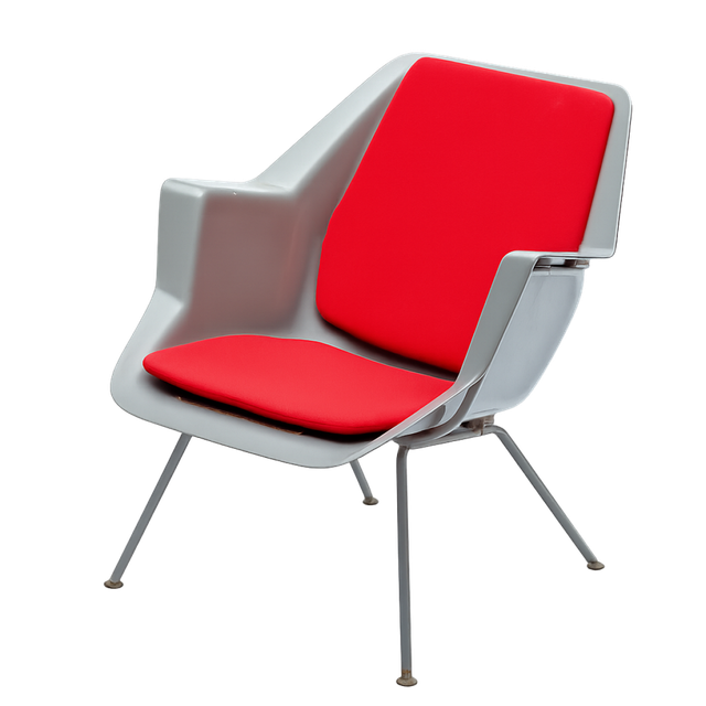 Wim Rietveld (1924-1985) and André Cordemeyer (1924-1998) An early no. '416' chair, 1957, Netherlands  The shell constructed out of glass fibre reinforced polyester, with velcro secured red back and seat pad, on a lacquered bar steel frame.  73x69x72 cm  Provenance: the chair is photographed together with its first owner in 1958. Photograph supplied by the current owner, a relative of the sitter.
