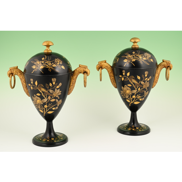 A pair of Dutch lacquered pewter chestnut vases.