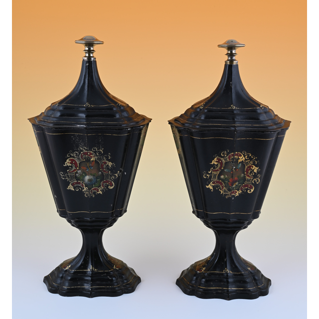 A pair of lacquered tin chestnut vases.