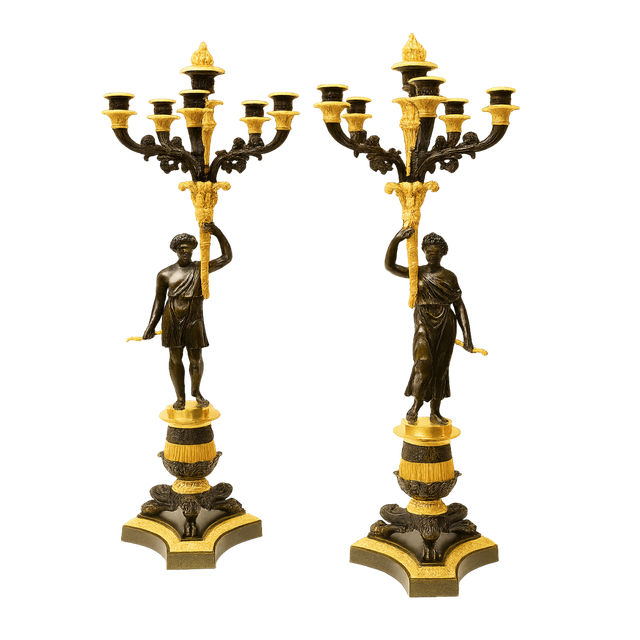 A impressive pair of Empire ormolu and patinated bronze six-light candelabra