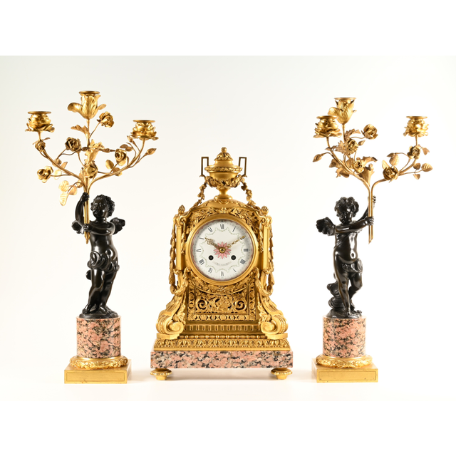 Henry Dasson – Monumental clock with matching candlesticks.