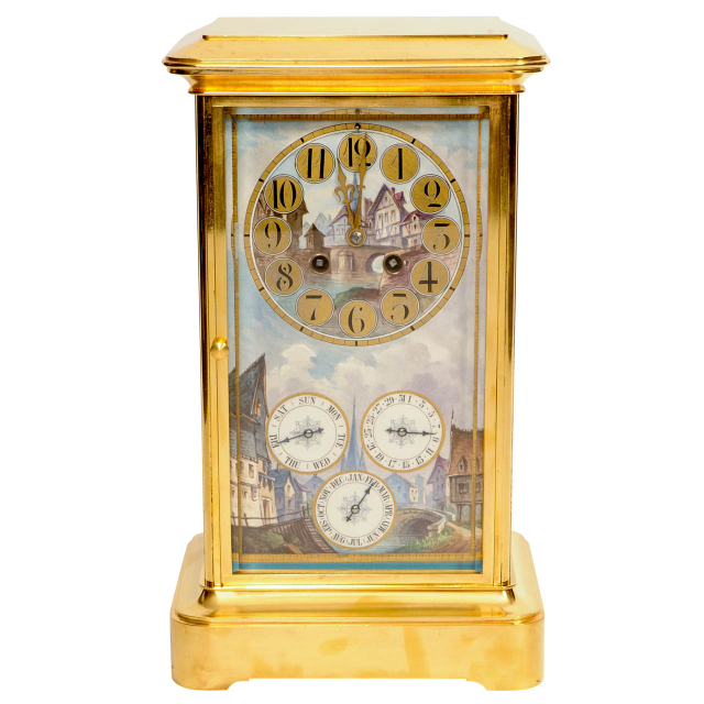 An attractive French brass Sèvres porcelain mounted mantel clock with perpetual calendar, circa 1880