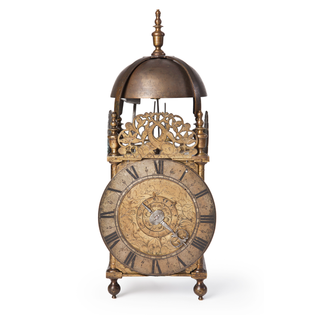 An early English brass engraved Italian striking lantern clock, by John Pleydell, circa 1675