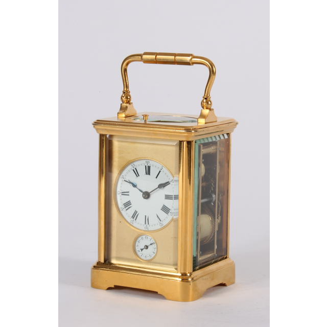 A French gilt brass quarter repeating alarm carriage timepiece circa 1880
