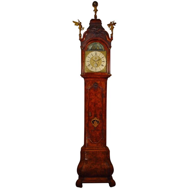 A Dutch Amsterdam burr walnut longcase clock with ships automaton N. Weylandt circa 1750