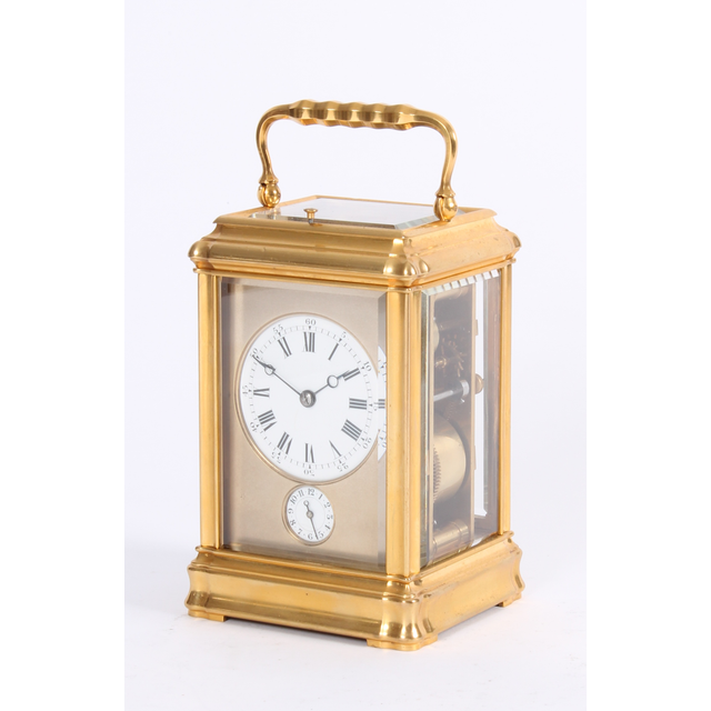 A good French gilt brass quarter repeating travel clock with gorge case, by Margaine, circa 1870