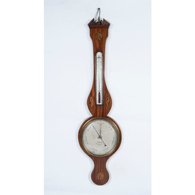 A good English mahogany inlaid wheelbarometer by L. Giannal Salop, circa 1820.