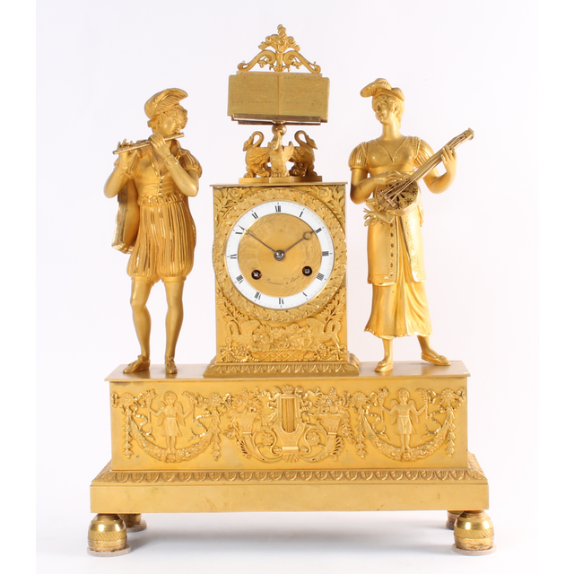 A good French Charles X ormolu sculptural mantel clock, circa 1825.