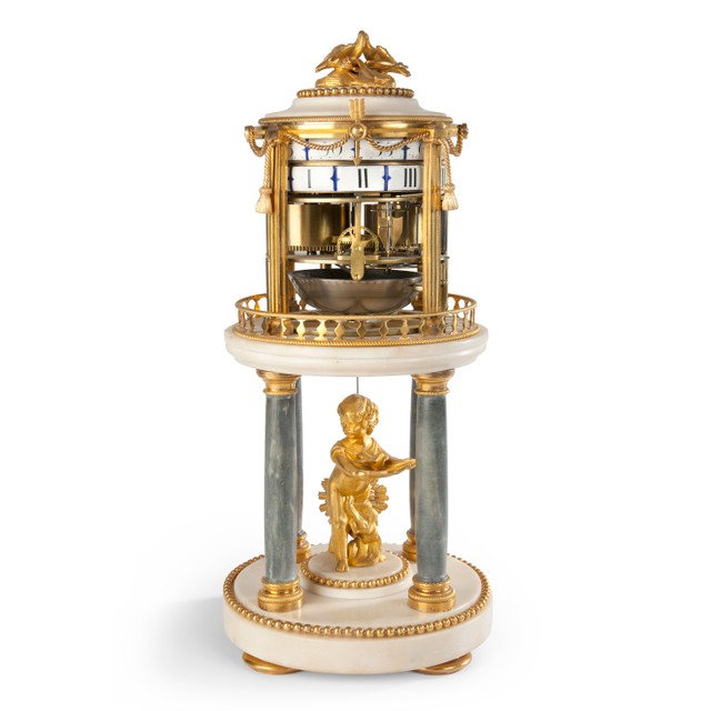 An attractive French Louis XVI ormolu and marble 'cercles tournants' mantel clock, by Barancourt, circa 1780