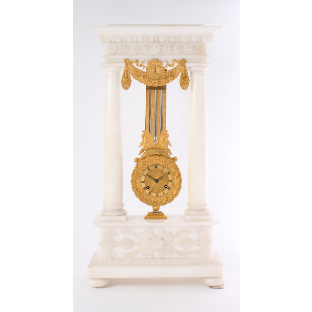 An attractive French alabaster and ormolu portico mantel clock with oscillating movement, circa 1830