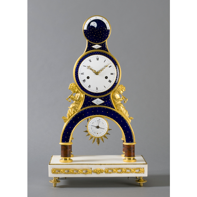 A French Directoire ormolu skeleton clock fine enamel and calendar, Gaston Joly, circa 1795.