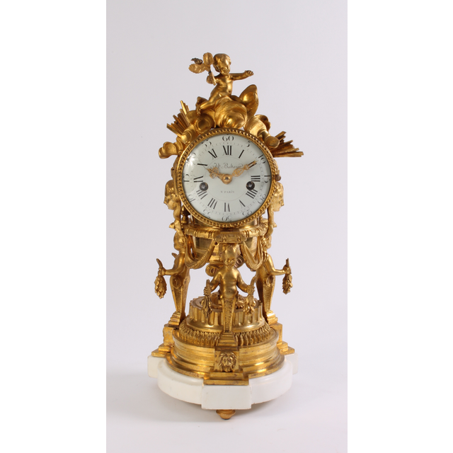 An attractive French Louis XVI ormolu sculptural mantel clock J B Balthazar, circa 1770