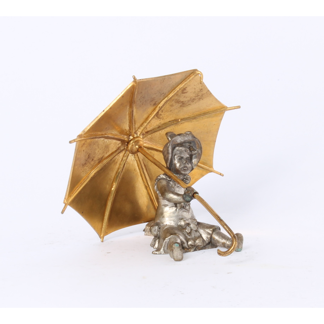 'Seated girl with umbrella', silvered and gilt bronze sculpture, circa 1880.