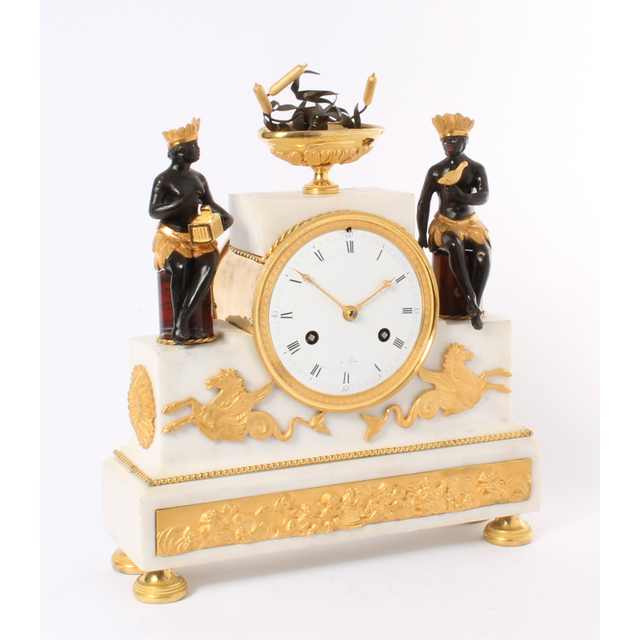 A rare French ‘Directoire’ marble and ormolu mounted ‘au bon Sauvage’ mantel clock, circa 1800