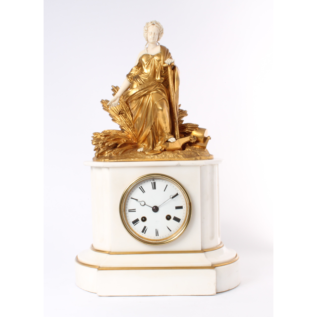 A French Napoleon III gilt marble gilt bronze and ivory sculptural mantel clock, circa 1860