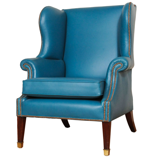Lovely brightblue leather upholstered English wingchair.