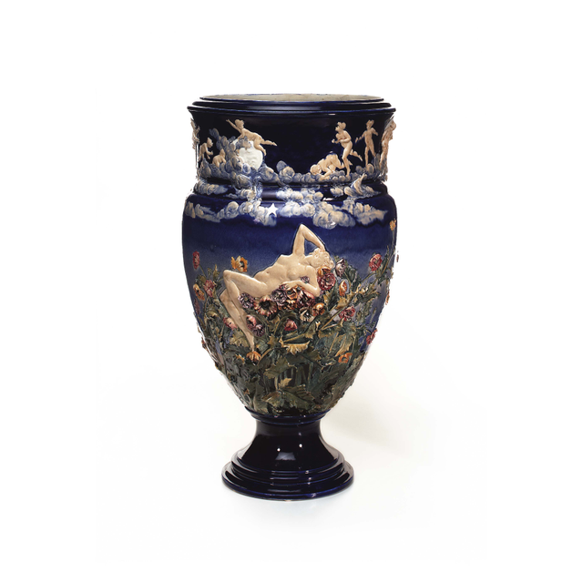 A monumental Choisy-le-Roi Maiolica vase modelled by Louis Carrier Belleuse, circa 1880