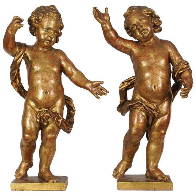 A pair of Dutch giltwood pendant figures of putti, circa 1660