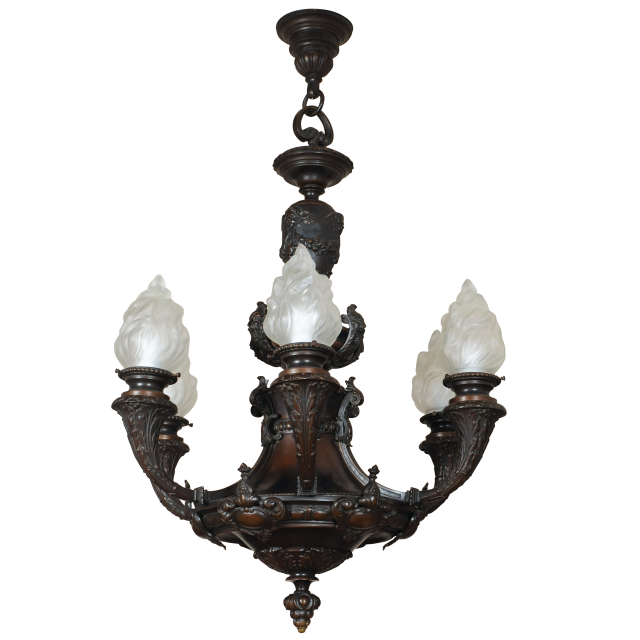 Een kwalitatief zeer goede zware bronzen kroon met 6-lampen, laat 19de eeuws.