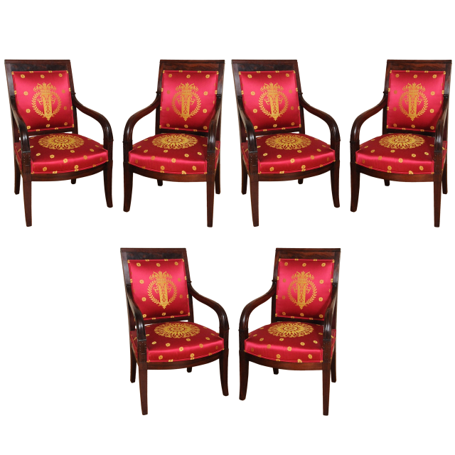 A set of six very fine Empire mahogany fauteuils à la Reine.
