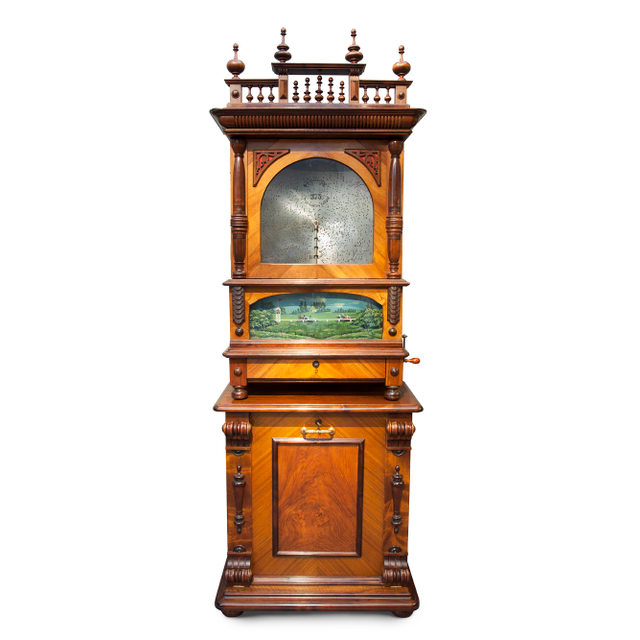 A very rare German standing walnut and animated disc music box, Kalliope, circa 1895