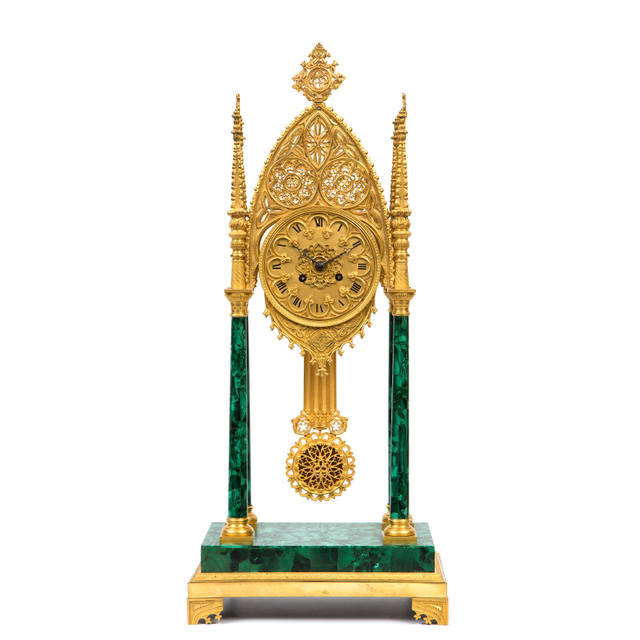A russian neo-Gothic ormolu and malachite veneered mantel clock, circa 1830