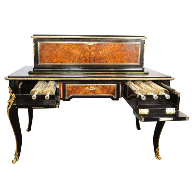 An imposing Swiss mandoline and 'bells-in-sight' interchangeable six cylinder music box and desk, by Samuel Troll, circa 1880