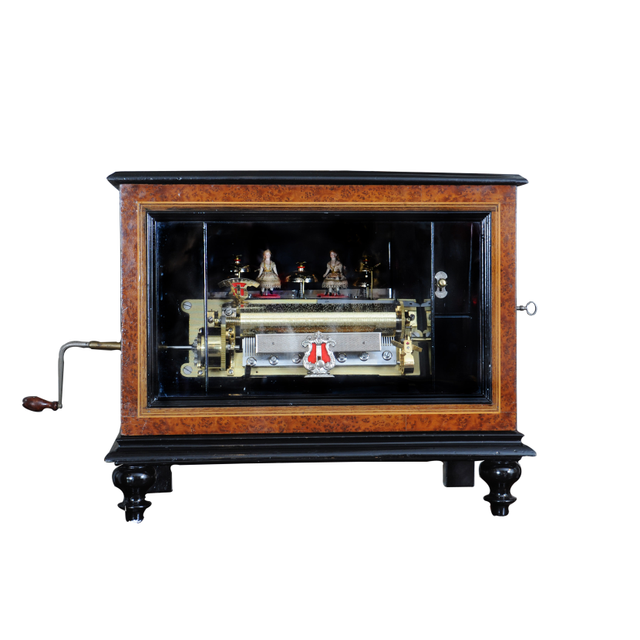 A Swiss amboyna 'bells-in-sight' cylinder music box with animated dancers, circa 1880