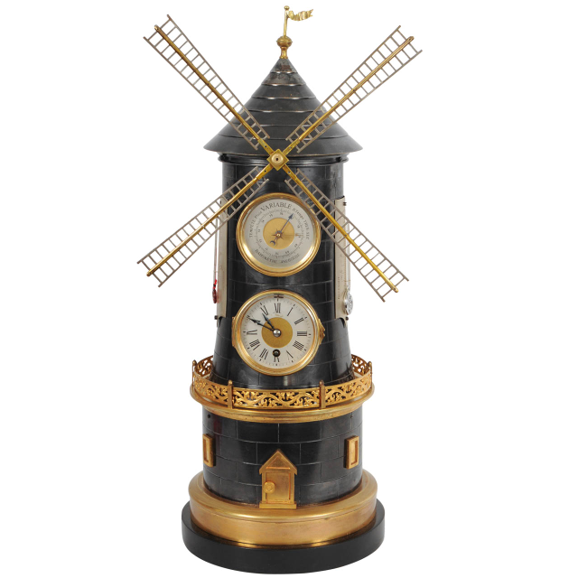 An extremely rare French 'pendule industrial' wind mill with automaton, barometer and two thermometers, circa 1880