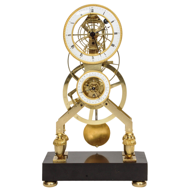 A French Directoire gilt brass and black marble skeleton clock, circa 1795