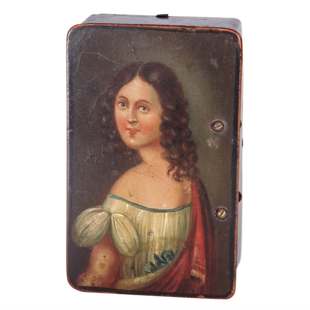 Een Franse cylinder speeldoosje met een polychroom beschild deksel, omstreeks 1840