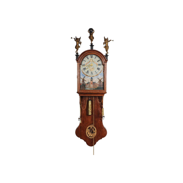 Een zeldzame eiken Friese staartklok met ongebruikelijke mechaniek en geanimeerde molens, omstreeks 1820