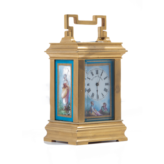 A charming small French 'Sevres' panelled ormolu carriage clock, circa 1900