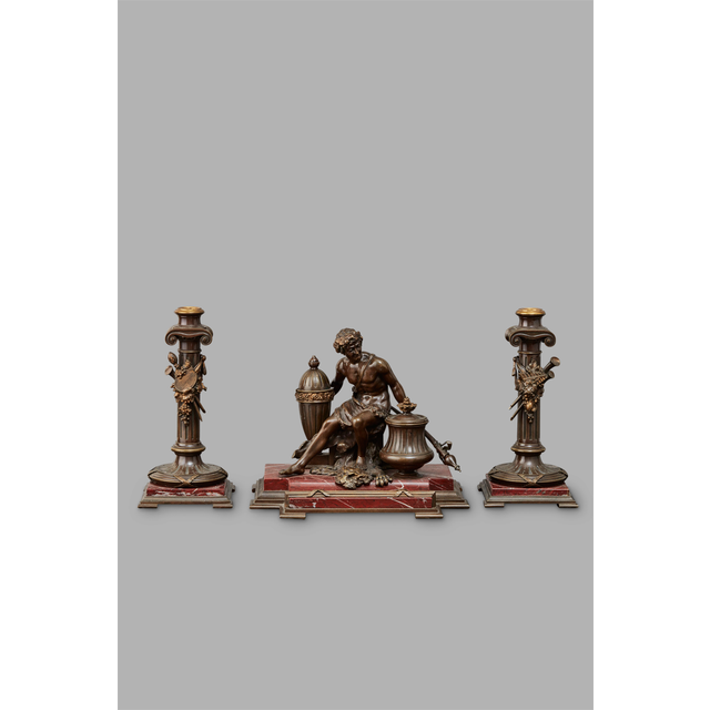 A Greek inspired marble desk inkwell featuring Adonis, with matching candlesticks, circa 1880